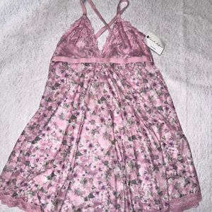 Sz L Vintage Y2K 2000s Babydoll Pink floral lace bust dress coquette lingerie